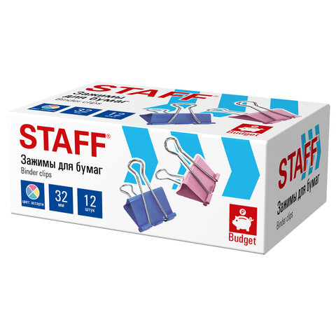 Зажимы для бумаг STAFF ECO, КОМПЛЕКТ 12 шт., 32 мм, на 140 листов, цветные, картонная коробка, 274039 - фото 2