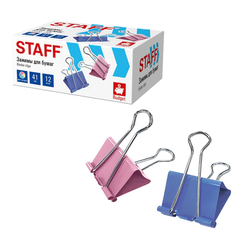 Зажимы для бумаг STAFF ECO, КОМПЛЕКТ 12 шт., 41 мм, на 200 листов, цветные, картонная коробка, 274040