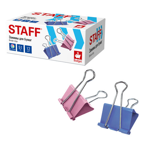 Зажимы для бумаг БОЛЬШИЕ STAFF ECO, КОМПЛЕКТ 12 шт., 51 мм, на 230 листов, цветные, картонная коробка, 274041