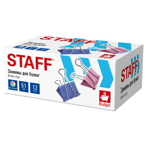 Зажимы для бумаг БОЛЬШИЕ STAFF ECO, КОМПЛЕКТ 12 шт., 51 мм, на 230 листов, цветные, картонная коробка, 274041 - фото 3