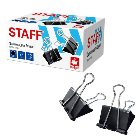 Зажимы для бумаг ПОВЫШЕННОЙ ВМЕСТИМОСТИ STAFF ECO, КОМПЛЕКТ 6 шт., 75 мм, на 340 листов, черные, картонная коробка, 274043
