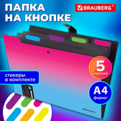 Папка-органайзер на кнопке 5 отделений, BRAUBERG GRADE, A4, розово-голубой градиент, 274091
