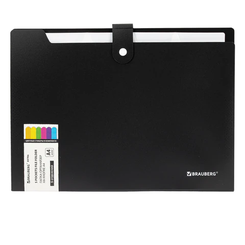 Папка-органайзер на кнопке 5 отделений, BRAUBERG "Extra", А4, черная с белым, 274094