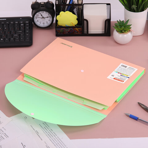 Папка-органайзер конверт на кнопке 6 отделений, BRAUBERG "Extra", A4, персиковая с мятным, 274102 - фото 7