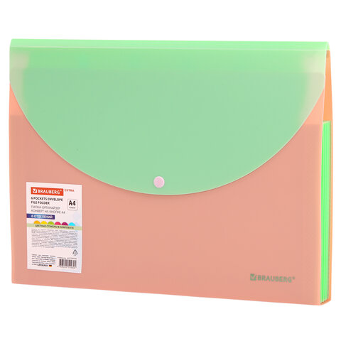 Папка-органайзер конверт на кнопке 6 отделений, BRAUBERG "Extra", A4, персиковая с мятным, 274102 - фото 2
