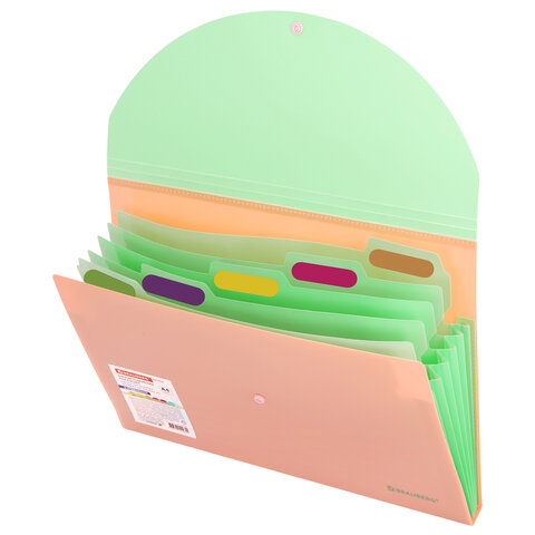 Папка-органайзер конверт на кнопке 6 отделений, BRAUBERG "Extra", A4, персиковая с мятным, 274102 - фото 3