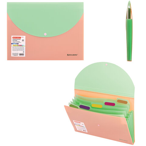 Папка-органайзер конверт на кнопке 6 отделений, BRAUBERG "Extra", A4, персиковая с мятным, 274102 - фото 6