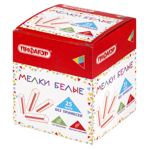 Мел белый БЕЗ ПРИМЕСЕЙ квадратный 25 штук, мягкое письмо, ПИФАГОР, картонная упаковка, 274122