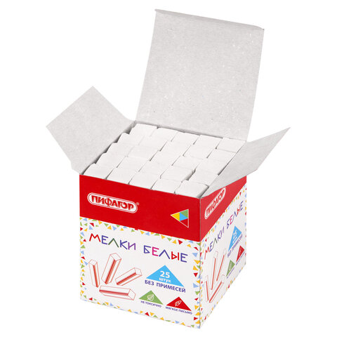 Мел белый БЕЗ ПРИМЕСЕЙ квадратный 25 штук, мягкое письмо, ПИФАГОР, картонная упаковка, 274122