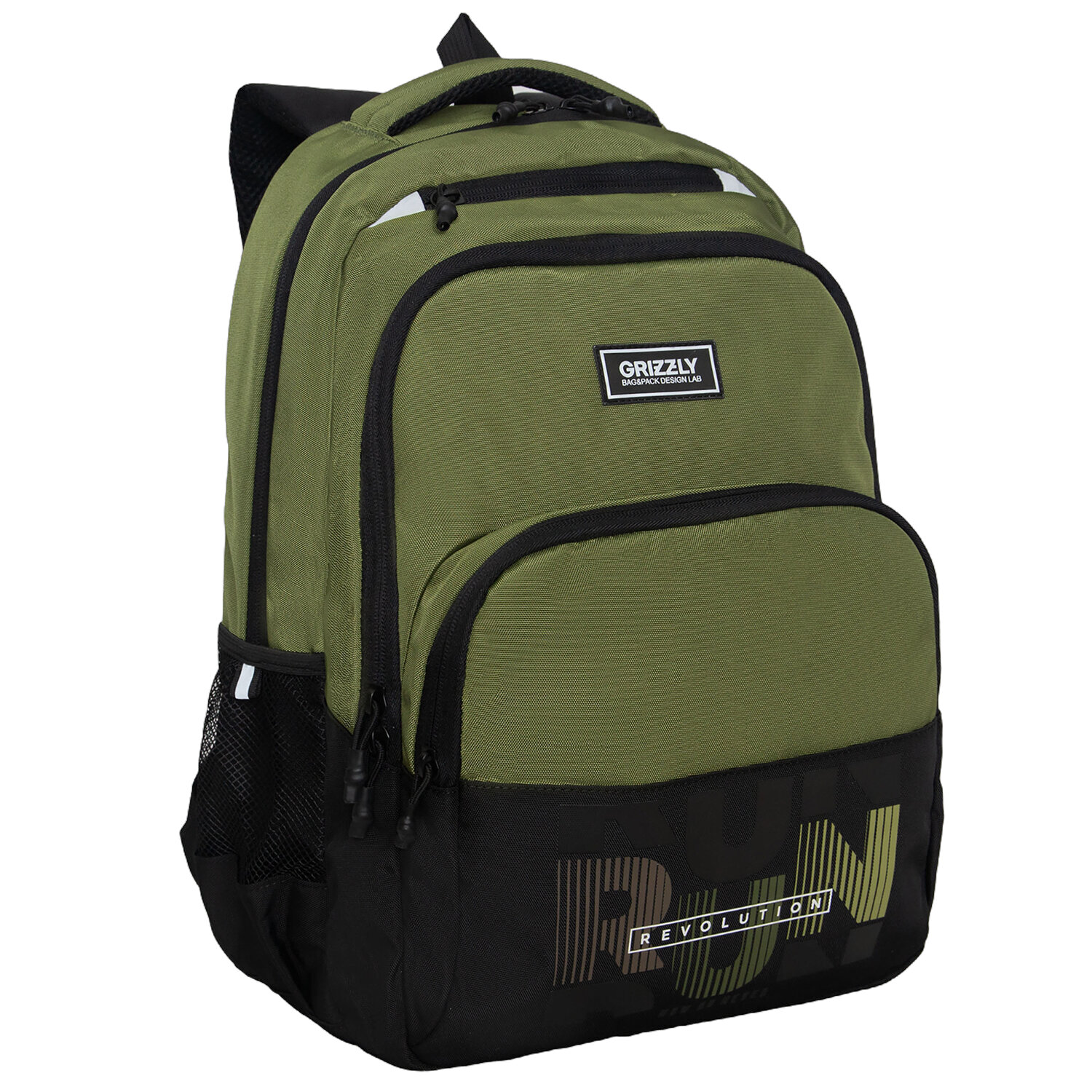 Рюкзак GRIZZLY школьный, анатомическая спинка, 2 отделения, для мальчиков, "RUN", хаки, 45х32х23 см, RU-530-6/3