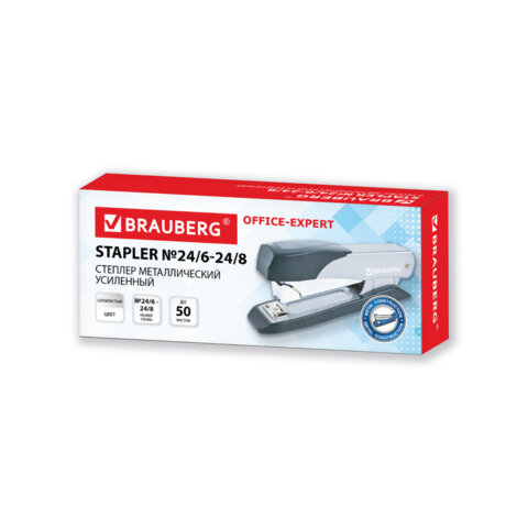 Степлер металлический усиленный до 50 листов, №24/6-24/8 BRAUBERG "Office-Expert", серебристый, 274239 - фото 2