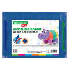 Доска для лепки А4, 280&times;200 мм, BRAUBERG KIDS, синяя, 7 отделений для пластилина, 2 стека, 274256