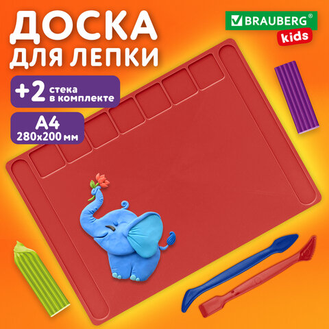 Доска для лепки А4, 280х200 мм, BRAUBERG KIDS, красная, 7 отделений для пластилина, 2 стека, 274257