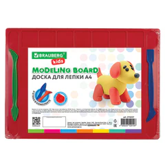 Доска для лепки А4, 280&times;200 мм, BRAUBERG KIDS, красная, 7 отделений для пластилина, 2 стека, 274257