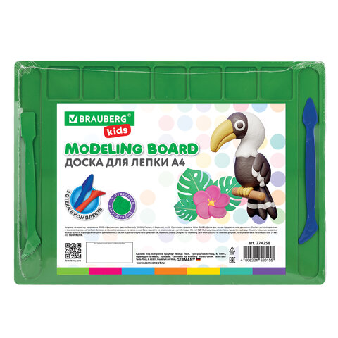 Доска для лепки А4, 280х200 мм, BRAUBERG KIDS, зеленая, 7 отделений для пластилина, 2 стека, 274258