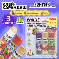 Клей-карандаш ароматизированный FUNSTER (ФАНСТЕР), яблоко, арбуз, виноград, 15 г, ВЫГОДНАЯ УПАКОВКА, 3 штуки на блистере, 274270