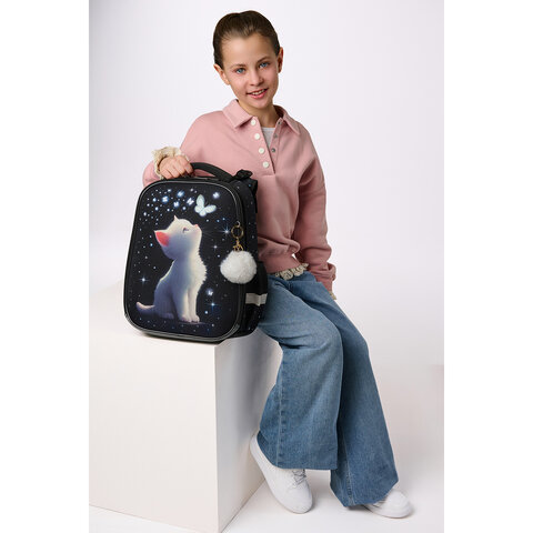 Ранец BRAUBERG PREMIUM, 2 отделения, с брелком, "White kitten", СВЕТЯЩИЙСЯ, 38х29х16 см, 274392 - фото 9