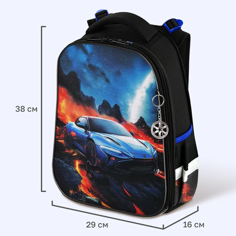 Ранец BRAUBERG PREMIUM, 2 отделения, с брелком, Risky ride, 3D панель, 38х29х16 см, 274394