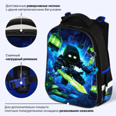 Ранец BRAUBERG PREMIUM, 2 отделения, с брелоком, "Неоновый рыцарь", объемный дизайн, 38х29х16 см, 274395