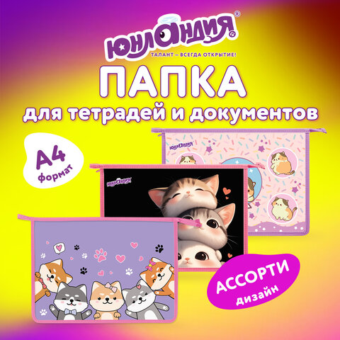 Папка для тетрадей ЮНЛАНДИЯ А4, 1 отделение, пластик, на молнии, АССОРТИ для девочек, 274483 - фото 2