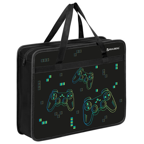 Папка на молнии с ручками BRAUBERG А4, 1 отделение, пластик, 80 мм, "Pixel gamepad", 274497