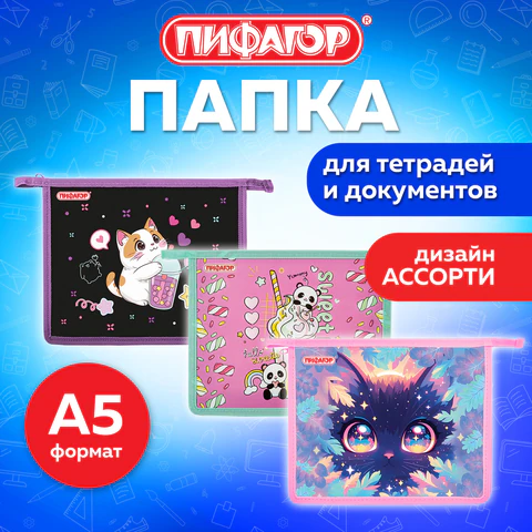 Папка для тетрадей ПИФАГОР А5, 1 отделение, пластик, на молнии, АССОРТИ для девочек, 274522 - фото 2