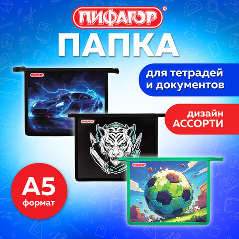 Папка для тетрадей ПИФАГОР А5, 1 отделение, пластик, на молнии, АССОРТИ для мальчиков, 274523 - фото 2
