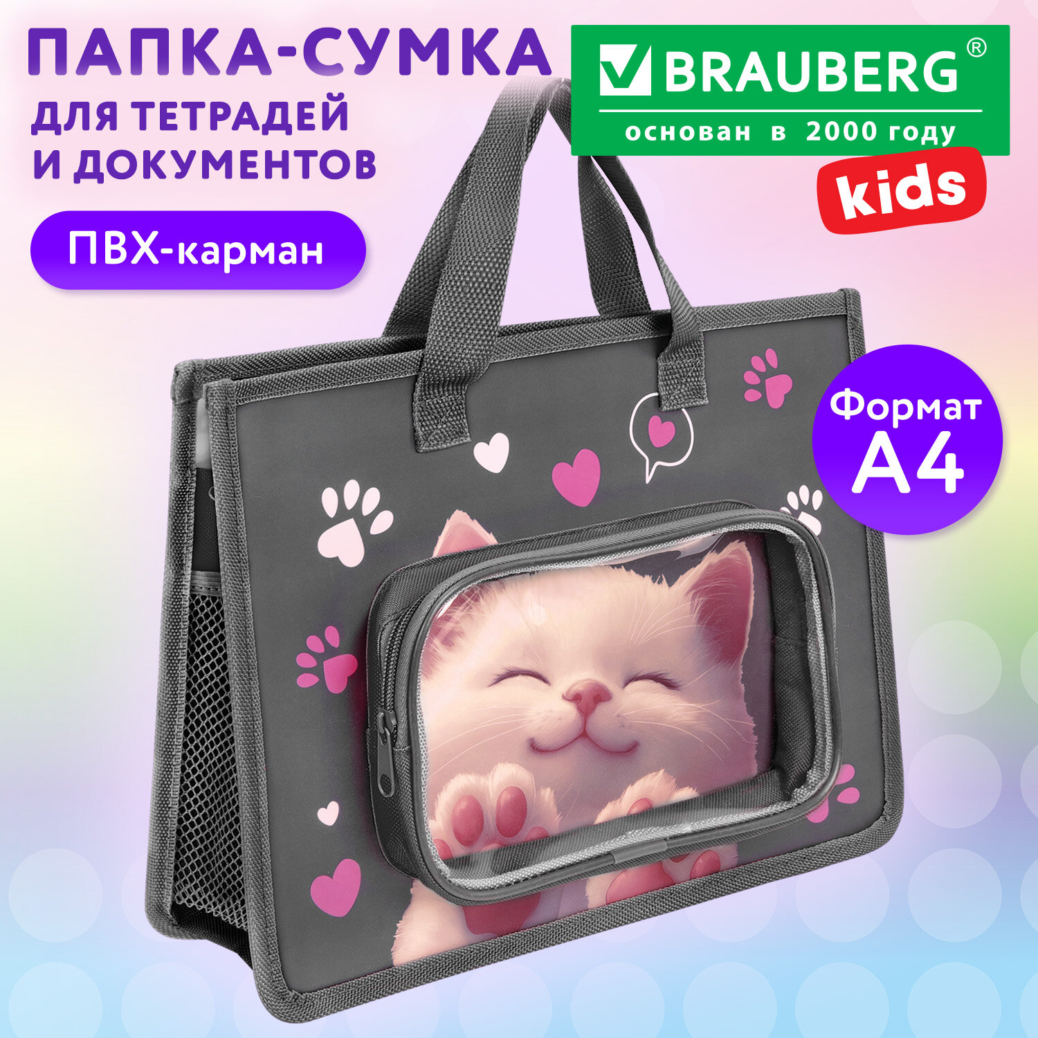Папка на молнии с ручками BRAUBERG KIDS А4, 1 отделение, дополнительные карманы, пластик, "Кот-мурлыка", 274527
