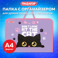 Папка для труда на молнии с ручками ПИФАГОР А4, 1 отделение, пластик, органайзер, "Observer cat", 274538
