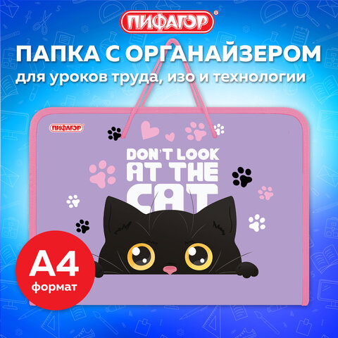 Папка для труда на молнии с ручками ПИФАГОР А4, 1 отделение, пластик, органайзер, "Observer cat", 274538 - фото 2