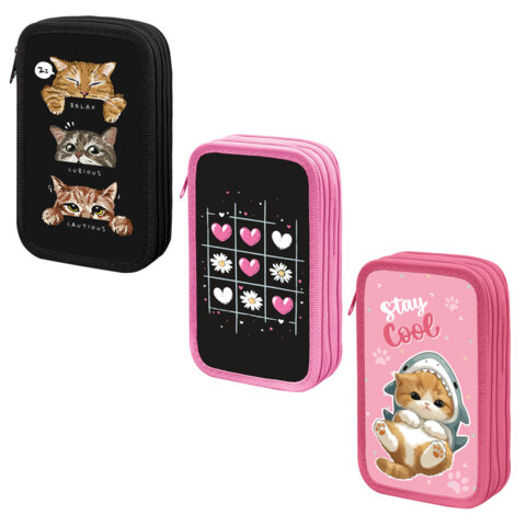 Пенал ПИФАГОР, 3 отделения, ламинированный картон, 19х11 см, АССОРТИ для девочек, 274562