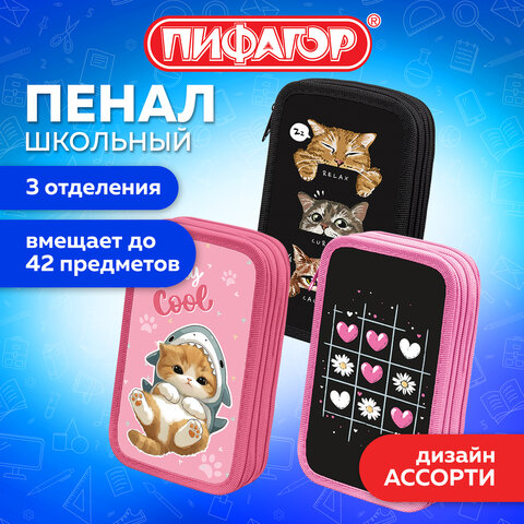 Пенал ПИФАГОР, 3 отделения, ламинированный картон, 19х11 см, АССОРТИ для девочек, 274562 - фото 2