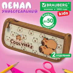 Пенал мягкий BRAUBERG KIDS, 2 отделения, полиэстер, "Веселые капибары", 22x10x6 см, 274582