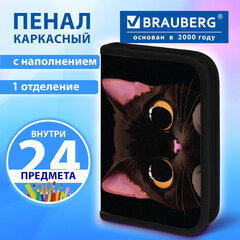 Пенал BRAUBERG с наполнением, 1 отделение, 1 откидная планка, 24 предмета, 21х14 см, "Big black cat", 274617