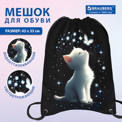 Мешок для обуви BRAUBERG PREMIUM, карман, подкладка, светоотражайка, 43х33 см, "Белый котенок", 274646