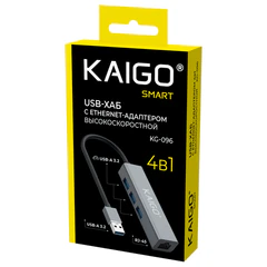 Хаб-разветвлитель KG-096, USB-A 3.2, высокоскоростной, 4 в 1, 3 х USB-A 3.2, 1 x RJ-45, 120 мм, серый, KAIGO (КАЙГО) SMART, 355060