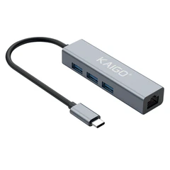 Хаб-разветвлитель KG-096A, Type-C 3.2, высокоскоростной, 4 в 1, 3 х USB-A 3.2, 1 x RJ-45, 120 мм, серый, KAIGO (КАЙГО) SMART, 355061