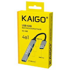 Хаб-разветвлитель KG-088, USB-A 3.2, высокоскоростной, 4 в 1, 1 х USB-A 3.2, 3 x USB-A 2.0, 60 мм, серый, KAIGO (КАЙГО), 355062