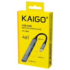 Хаб-разветвлитель KG-088A, Type-C 3.2, высокоскоростной, 4 в 1, 1 х USB-A 3.2, 3 x USB-A 2.0, 60 мм, серый, KAIGO (КАЙГО), 355063