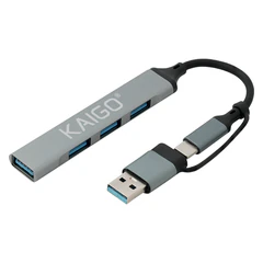 USB-хаб KG-088C, Type-C 3.2 + адаптер USB-A 3.2, высокоскоростной, 4 в 1, 1 х USB-A 3.2, 3 x USB-A 2.0, 60 мм, серый, KAIGO (КАЙГО), 355065