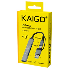 USB-хаб KG-088C, Type-C 3.2 + адаптер USB-A 3.2, высокоскоростной, 4 в 1, 1 х USB-A 3.2, 3 x USB-A 2.0, 60 мм, серый, KAIGO (КАЙГО), 355065