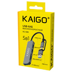 USB-хаб KG-089, Type-C 3.2 + адаптер USB-A 3.2, в/<wbr/>с, 5 в 1, 1 х USB-A 3.2, 2 x USB-A 2.0, 2 x SD/<wbr/>TF 2.0,135 мм, серый, KAIGO (КАЙГО), 355067