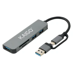 USB-хаб KG-089, Type-C 3.2 + адаптер USB-A 3.2, в/<wbr/>с, 5 в 1, 1 х USB-A 3.2, 2 x USB-A 2.0, 2 x SD/<wbr/>TF 2.0,135 мм, серый, KAIGO (КАЙГО), 355067