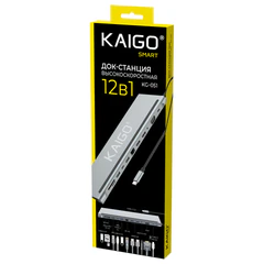 Док-станция KG-051, 12 в 1, в/<wbr/>с, USB-A 2.0/<wbr/>3.2, Type-C 3.2 &mdash; PD 3.0, RJ-45,SD/<wbr/>TF 3.0,HDMI,VGA,AUX,250 мм, серая, KAIGO (КАЙГО) SMART, 355071