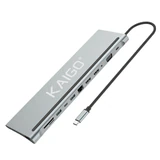 Док-станция KG-051, 12 в 1, в/с, USB-A 2.0/3.2, Type-C 3.2 - PD 3.0, RJ-45,SD/TF 3.0,HDMI,VGA,AUX,250 мм, серая, KAIGO (КАЙГО) SMART, 355071
