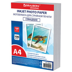 Фотобумага глянцевая, А4, 180 г/<wbr/>м<sup>2</sup>, односторонняя, 100 листов, ПАКЕТ, BRAUBERG ORIGINAL, 364417