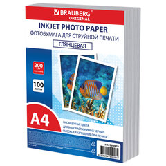 Фотобумага глянцевая, А4, 200 г/<wbr/>м<sup>2</sup>, односторонняя, 100 листов, ПАКЕТ, BRAUBERG ORIGINAL, 364419