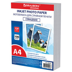 Фотобумага глянцевая, А4, 230 г/<wbr/>м<sup>2</sup>, односторонняя, 100 листов, ПАКЕТ, BRAUBERG ORIGINAL 364421