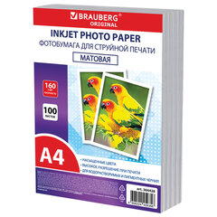 Фотобумага матовая, А4, 160 г/<wbr/>м<sup>2</sup>, односторонняя, 100 листов, ПАКЕТ, BRAUBERG ORIGINAL, 364428