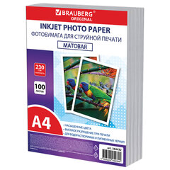 Фотобумага матовая, А4, 230 г/<wbr/>м<sup>2</sup>, односторонняя, 100 листов, ПАКЕТ, BRAUBERG ORIGINAL, 364432